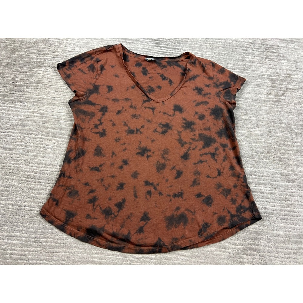 True Craft T-Shirt Women Large Brown Tie-Dye V-Neck Short Sleeve Curved Hem